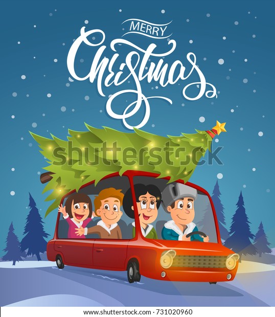 Merry Christmas card design, family\
holidays on car, vector\
illustration.