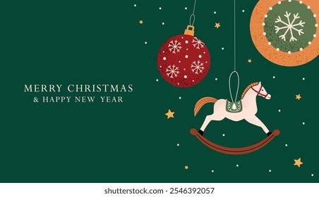 Merry Christmas card design. Festive baubles, rocking horse, holiday decorations. Perfect for seasonal celebrations and cozy winter vibes. Vector illustration with green isolated background.