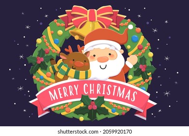 Merry Christmas card design. Flat illustration of Santa Claus and reindeer greeting from Xmas wreath on dark blue background