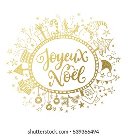 Merry Christmas card design with greetings in french language. Joyeux noel phrase with doodle frame.