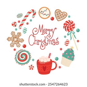 Diseño de tarjeta de feliz Navidad con postres navideños. Cacao caliente tradicional de las vacaciones, dulces y panadería. Colección de Ilustraciones vectoriales de alimentos aisladas sobre fondo blanco