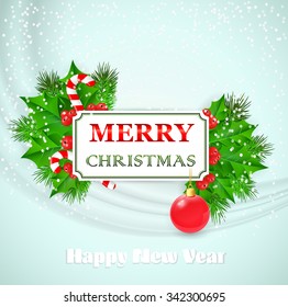 Merry Christmas Card design with holly and fir branches. Vector illustration. EPS 10