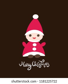 Merry Christmas card design Kawaii Funny gnome in red hats on black background. Vector