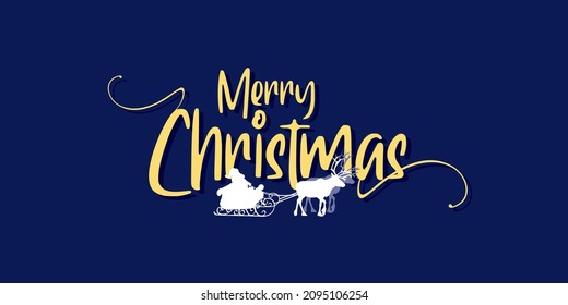 Merry Christmas Card Design on Blue Background. Christmas Wishing Creative Template. Illustration of Santa Claus Riding Sleigh.
