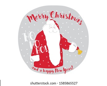 Merry Christmas Card Design With Santa Holding a Bell, Santa With Big Beard Illustration