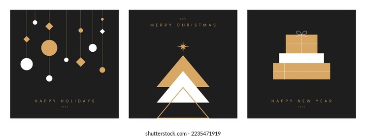 Merry christmas card design with simple geometric christmas tree. Season greeting banner, poster, brochure, web. Happy holidays text. Modern luxury style. Trendy flat design vector illustration.