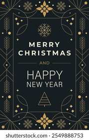 Merry christmas card design with simple geometric christmas tree. Season greeting banner, poster, brochure, web. Happy holidays text. Modern luxury style. Trendy flat design vector illustration.