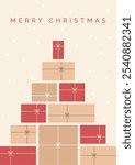 Merry Christmas Card Design Template. Christmas Greeting Card with Stack of Christmas Presents Illustration. Stacked Christmas Gifts. Modern Xmas Design for Greeting Cards