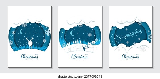 Merry Christmas card design template in paper cut style. Collection of backgrounds for covers, invitations, posters, banners, flyers, placards, vector illustrations.