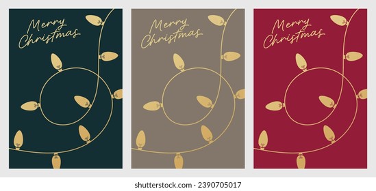 Merry Christmas Card Design Template. Vector Christmas Card Elegant Design with Christmas Lights. String Lights Christmas Card with Gold Cursive Lettering. Festive Xmas Illustration for Greeting Card