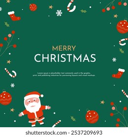 Merry Christmas card design template with flat ornament and green background