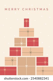 Plantilla de diseño de tarjeta de feliz Navidad. Navidades Tarjeta de felicitación con la pila de la ilustración de regalos de Navidad. Regalos de Navidad apilados. Diseño moderno de la Navidad para las tarjetas de felicitación