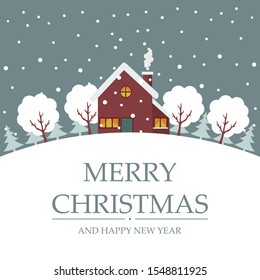 Merry Christmas card design of trees and house in the snow