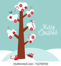 Merry Christmas card design trees with white snow on the branches, birds and red christmas decorations. Candy, balls, stars, sock, sleigh with gifts on sky-blue sky background. Vector