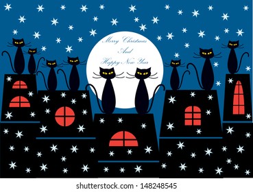 merry christmas card design with vector cartoon cats in silhouettes sitting on the top of the roof watching moon and snowflakes