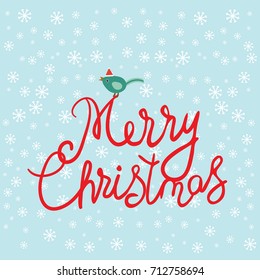 Merry Christmas card design with white snowflakes, bird in a red cap christmas decorations on sky-blue background. Vector