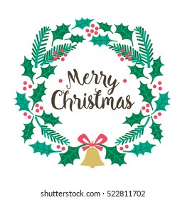 Merry Christmas card design with Christmas wreath and lettering. Vector illustration. 