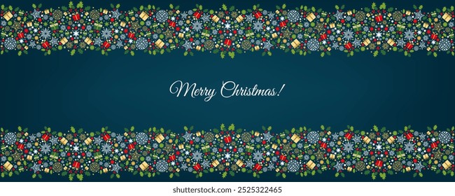 Merry Christmas card design. Xmas tree and box,  snowflakes, Christmas  ball on blue background. Happy holidays ornaments. Seasons greetings border. Vector decoration elements for cover, banner.