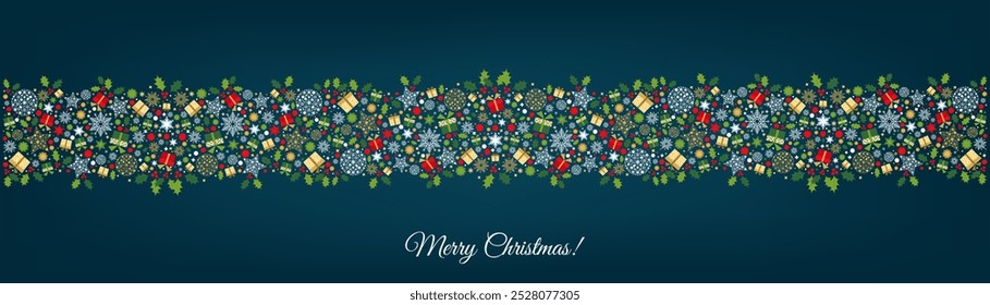 Merry Christmas card design. Xmas tree and box,  snowflakes, Christmas  ball on blue background. Happy holidays ornaments. Seasons greetings border. Vector decoration elements for cover, banner.