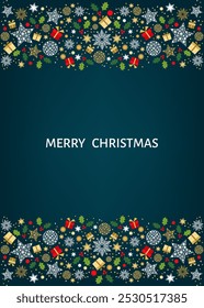 Merry Christmas card design. Xmas tree and box,  snowflakes, Christmas  ball on blue background. Happy holidays ornaments. Seasons greetings border. Vector decoration elements for cover, poster.