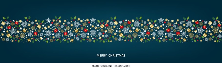Merry Christmas card design. Xmas tree and box,  snowflakes, Christmas  ball on blue background. Happy holidays ornaments. Seasons greetings border. Vector decoration elements for  banner, poster.