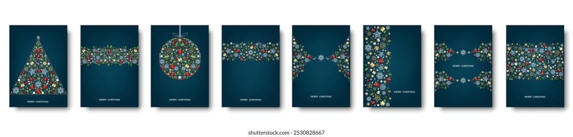 Merry Christmas card design. Xmas tree and box,  snowflakes, Christmas  ball on blue background. Happy holidays ornaments. Seasons greetings border. Vector decoration elements for cover, banner.