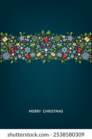 Merry Christmas card design. Xmas tree and box,  snowflakes, Christmas  ball on blue background. Happy holidays ornaments. Seasons greetings border. Vector decoration elements for cover, banner.