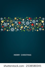 Merry Christmas card design. Xmas tree and box,  snowflakes, Christmas  ball on blue background. Happy holidays ornaments. Seasons greetings border. Vector decoration elements for  banner, poster.