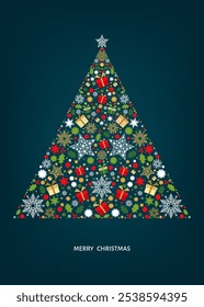 Merry Christmas card design. Xmas tree and box,  snowflakes, Christmas  ball on blue background. Happy holidays ornaments. Seasons greetings border. Vector decoration elements for cover, banner.