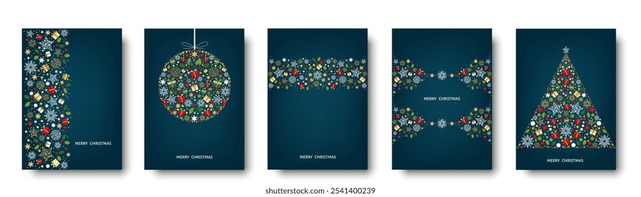 Merry Christmas card design. Xmas tree and box,  snowflakes, Christmas  ball on blue background. Happy holidays ornaments. Seasons greetings border. Vector decoration elements for cover, banner.