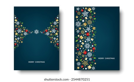 Merry Christmas card design. Xmas tree and box,  snowflakes, Christmas  ball on blue background. Happy holidays ornaments. Seasons greetings border. Vector decoration elements for cover, banner.