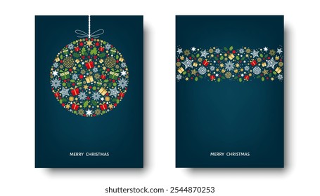 Merry Christmas card design. Xmas tree and box,  snowflakes, Christmas  ball on blue background. Happy holidays ornaments. Seasons greetings border. Vector decoration elements for cover, banner.