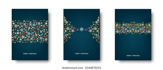 Merry Christmas card design. Xmas tree and box,  snowflakes, Christmas  ball on blue background. Happy holidays ornaments. Seasons greetings border. Vector decoration elements for cover, banner.