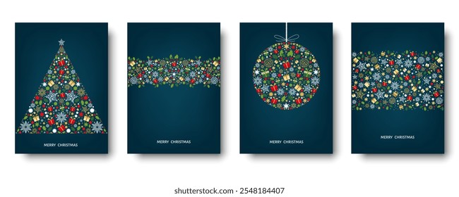 Merry Christmas card design. Xmas tree and box,  snowflakes, Christmas  ball on blue background. Happy holidays ornaments. Seasons greetings border. Vector decoration elements for cover, banner.