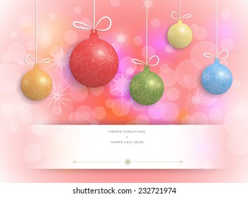 Merry Christmas card design-Christmas Greeting Card with Christmas ball and copy space for text.Red decorative bokeh background.vector illustration
