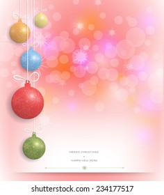Merry Christmas card design-Christmas Greeting Card with Christmas ball and copy space for text.Red decorative bokeh background.vector illustration