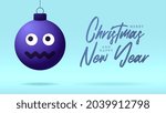 Merry Christmas card with Dizzy confused smile emoji face. Vector illustration in flat style with Xmas lettering and emotion in christmas ball hang on thread on background