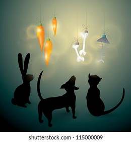 MERRY CHRISTMAS card / Dog, Cat and Rabbit look at funny decorations