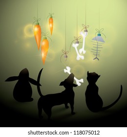 MERRY CHRISTMAS card / Dog, Cat and Rabbit look at funny decorations