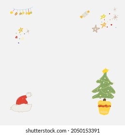 Merry Christmas card doodle garland with bulbs, christmas tree, Santa hat, stars, vector illustration