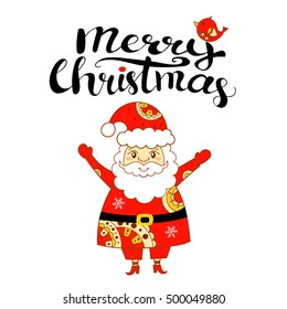 Merry christmas card with doodle Santa and little red bird.