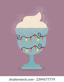 Merry Christmas Card with a drink garnished with whipped cream and Christmas Tree Lights