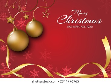 Merry Christmas card with elegant balls and golden stars in the left corner. The right side is empty space and white characters. Golden ribbon below, snowflack beneath. red gradient background