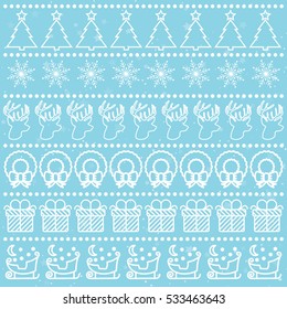 Merry Christmas card with christmas element such us fir-tree, snowflake, deer and gift. Happy New Year. Vector Illustration