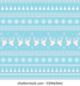 Merry Christmas card with christmas element such us fir-tree, snowflake, deer and gift on blue background. Happy New Year. Vector Illustration