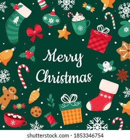 Merry Christmas card. Christmas elements collection. Vector illustration.