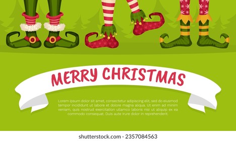 Merry Christmas Card with Elf Legs in Shoes Vector Template