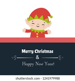 Merry Christmas card with elf. Vector illustration.