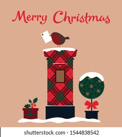 Merry Christmas card with English post box on tartan background, Robin, tree and gift. Vector illustration. 