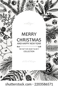 Merry Christmas card with evergreen plants, conifers, cones, and nuts drawing. Winter design with hand-drawn botanical illustrations. Vintage Christmas background. New Year invitation template